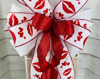 Red Glitter Lips Valentine's Bow: Wired Ribbon Kisses & Hearts