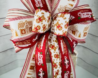 Gingerbread House Christmas Bow: Red & White Holiday Decor