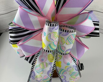 Pastel Easter Bunny Bow: Glittered Eggs, Striped Ribbon