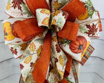 Fall pumpkin bow for lantern swag, Outdoor mailbox decor, wreath attachment