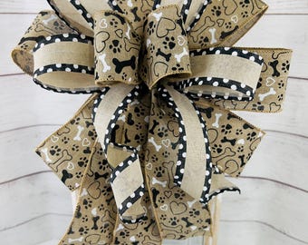 Burlap Dog Bone and Paw Print Bow: Lantern, Mailbox, Flower Pot Decor