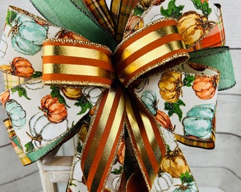 Fall pumpkin bow for lantern swag, Fall Bow For Porch Post, Mint green pumpkin Mailbox Bow, outdoor Thanksgiving decoration