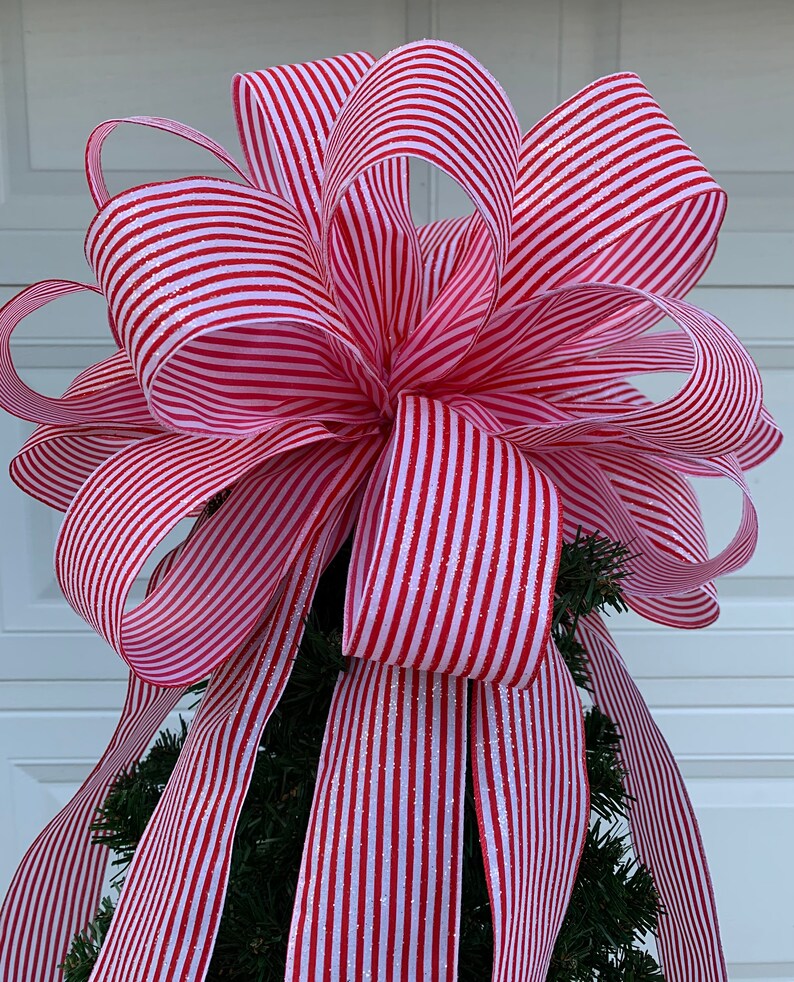 Candy Stripe Christmas Tree Topper Bow: Red and White Glitter Ribbon - Etsy