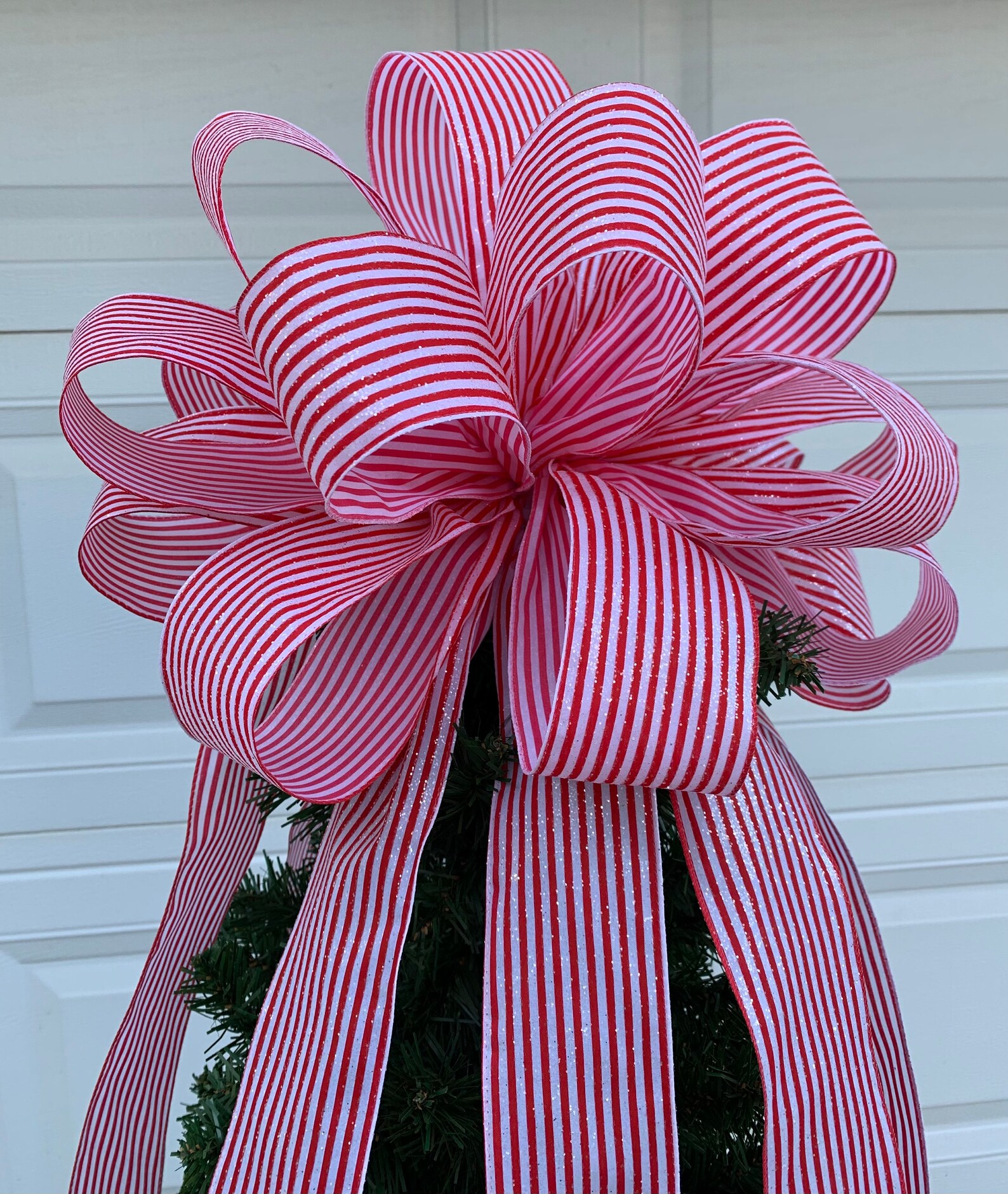 Candy Stripe Christmas Tree Topper Bow: Red and White Glitter Ribbon - Etsy