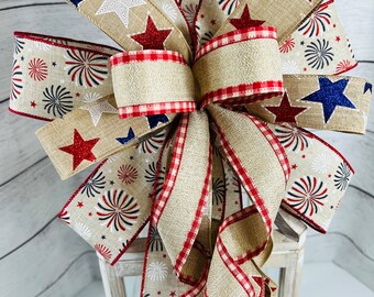 Patriotic Burlap Bow: Red, White, and Blue Fourth of July Decor