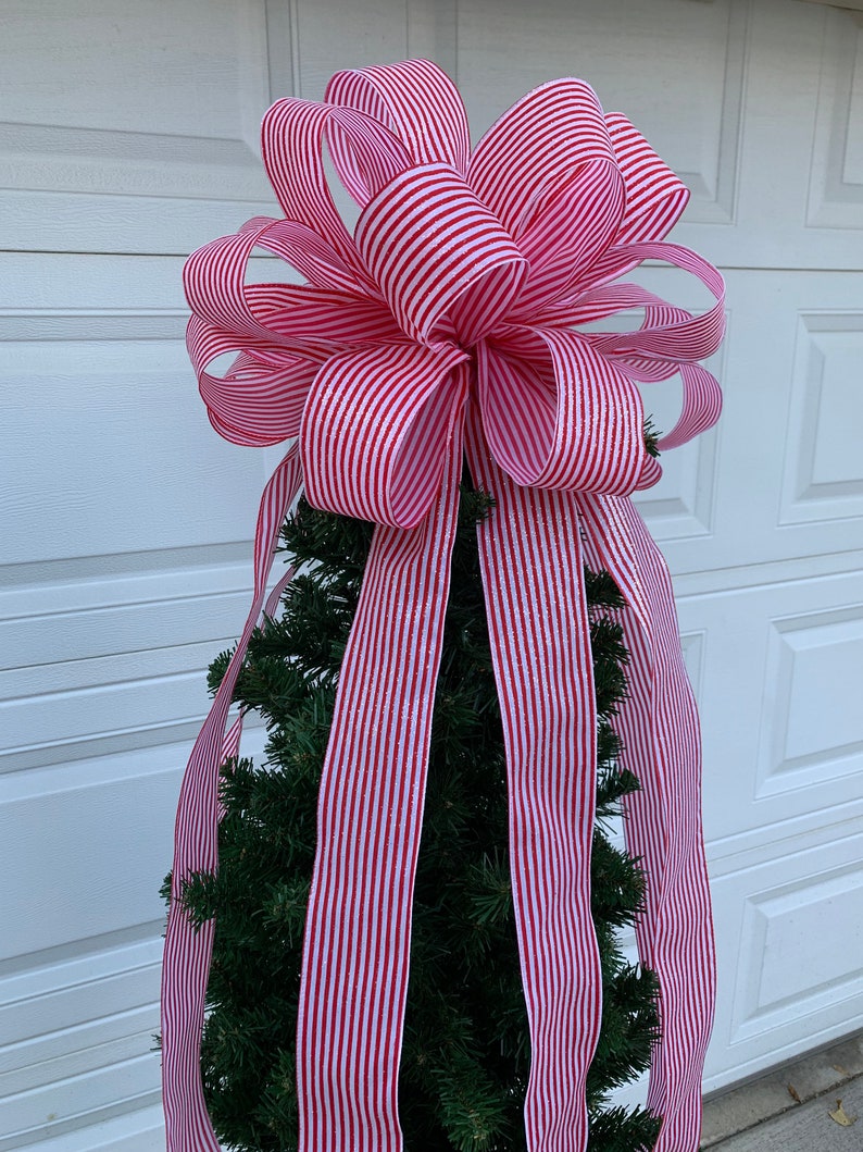 Candy Stripe Christmas Tree Topper Bow: Red and White Glitter Ribbon - Etsy