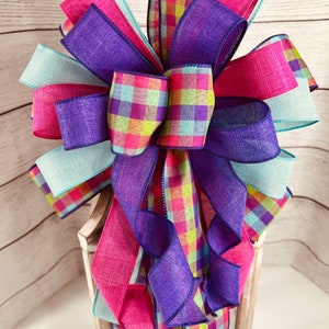 Spring/Summer Bright  Purple, Fuchsia, and light Turquoise Plaid Bow for Mailbox, Bright Spring bow for Lantern Swag, Flower pot accent bow