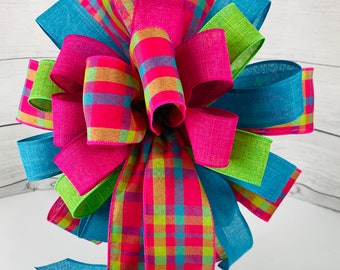 Bright Plaid Spring Bow: Fuchsia, Turquoise, Lime Green