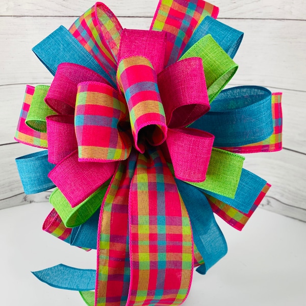 Spring/Summer Bright Fuchsia, Turquoise and Lime Green Plaid Bow for Mailbox, Bright Spring bow for Lantern Swag, Easter Basket bow,