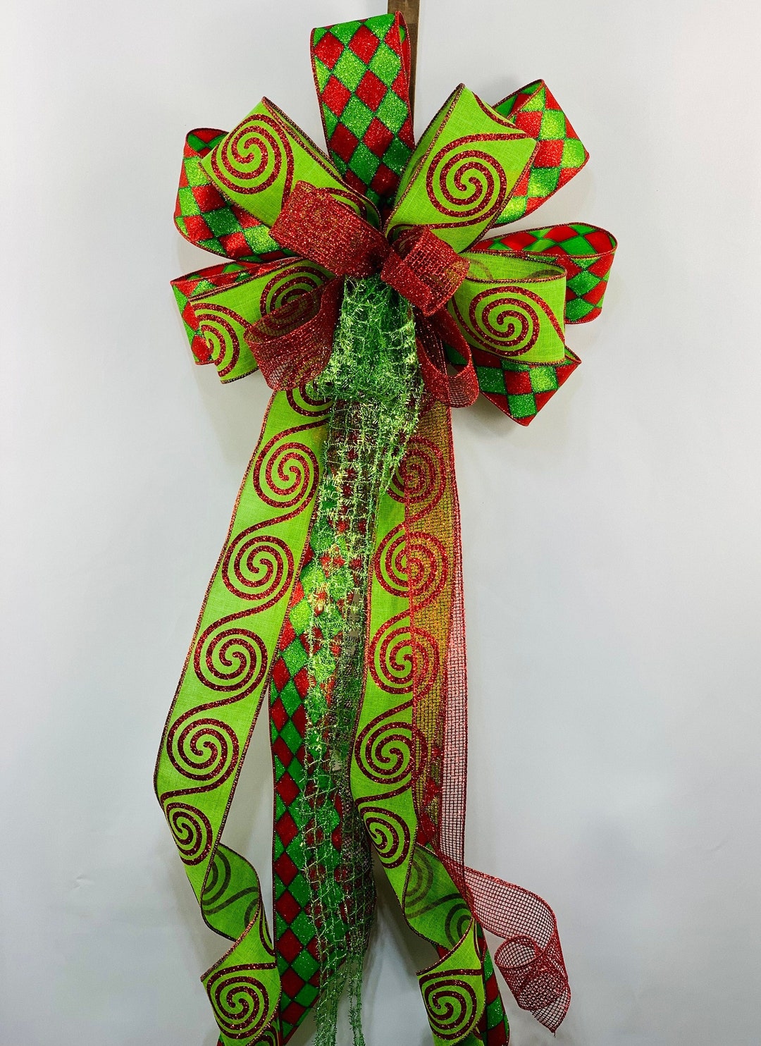 Red and Green Christmas Tree Topper Bow Large Christmas Bow Etsy