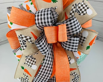 Easter Bunny Bow: Black & White Check, Carrot Spring Decor