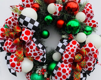 Christmas Wreath, Traditional Red and Green Christmas Wreath for Front Door, Christmas ornament wreath