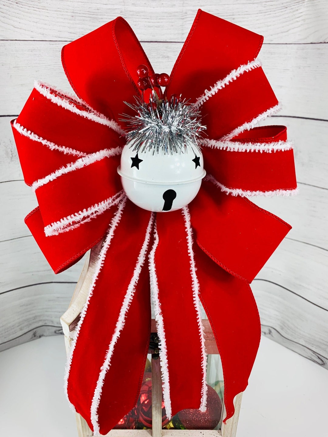 Outdoor Christmas Lantern Swag Bow, Jingle Bell Christmas Bow, Red and