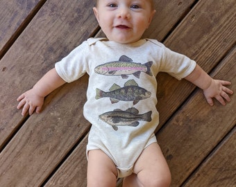 Three fish Body suit, Summer fishing outfit, Outdoor summer clothing, baby boy fishing, Nature baby outfit, Baby boy gift, Fishing baby top