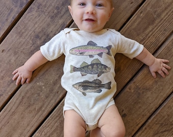 Baby Fishing Bodysuit, Three Fish, Nature Baby Outfit
