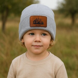 Kids' Cozy 'Drive' Tractor Beanie - Soft, One Size, Vegan Leather Patch, Original Artwork, Country Life Farm Kid Farm Life Hat