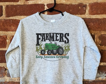 Green Tractor Shirt for Boy | Farmers Keep America Growing Retro Toddler Long Sleeve | Back to School Farm Clothing