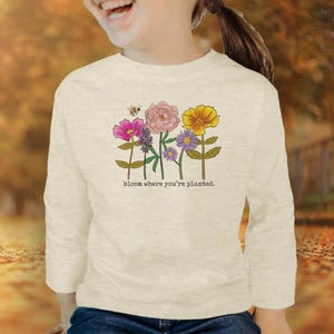 Flower Bloom Kids Long Sleeve Tee: Spring Fashion Hiking Adventure Tee for Girls - Rainbow Toddler Tee Nature Tee for Girls Flower shirt