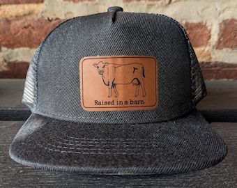 Raised in a barn Cow Mesh Back Trucker Hat | Youth Size | FOUR Color Options | Country Apparel | Farm Life Kids | Barn Life Hat | Cow Gift