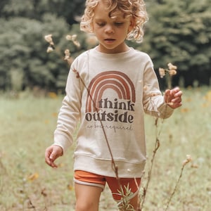 Think outside Toddler pullover Vintage retro inspired neutral rainbow nature clothing Back to school outdoor shirt Fall nature hiking shirt image 1