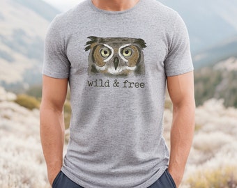 ADULT "Wild & Free" Woodland Owl Nature Tee | Unisex hiking tee | Hiking gifts | Outdoor Lover Soft T-shirt | Hiking shirt for Men