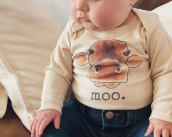 Moo cow baby body suit, Moo cow baby outfit, Farm theme newborn clothing, baby farm shirt