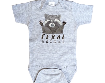 Feral animal Funny raccoon baby body suit, realistic raccoon woodland animal newborn outfit, Outdoor baby apparel, Hiking baby, Nature baby