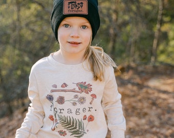 Kids' Cozy 'Forager' Beanie - Soft, One Size, Vegan Leather Patch, Original Artwork, Nature-Inspired, Outdoor Winter Hat