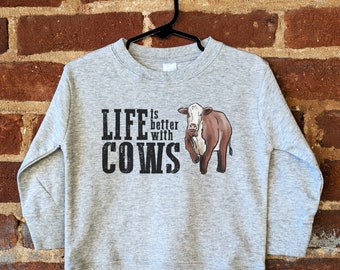 Life is Better with Cows Toddler Long Sleeve | Farm Animal Shirt | Cow Clothing | Hereford Cow | Toddler Farm Theme Shirt