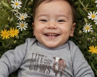 Cow Baby Bodysuit | Farm Animal Baby Outfit | Farm Baby Clothes | Baby Shower Gift | Short or Long Sleeve | Life Is Better with Cows