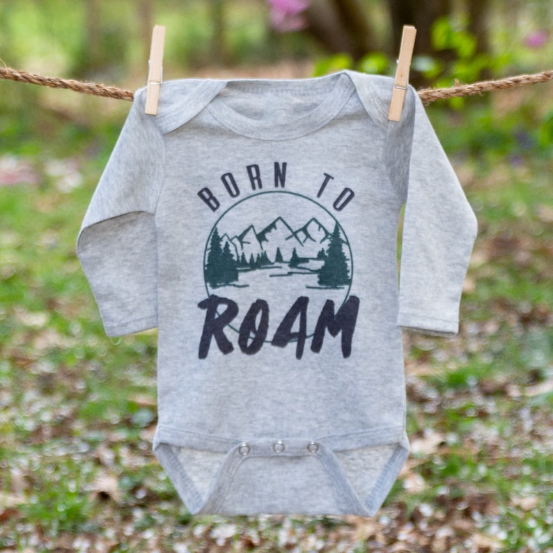 Nature Lover Baby Clothing Outdoor Theme Infant Boy Outfit Born to Roam Grey Long Sleeve body suit