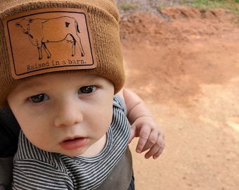 Kids' 'Raised in a Barn' Cow Barn Life Beanie - Soft, One Size, Vegan Leather Patch, Original Artwork, Country Life Farm Kid Farm Life Hat