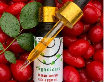 Biologisch gezichtsserum met wilde rozenbottel: Britse anti-aging huidverzorging, fles met UV-bescherming