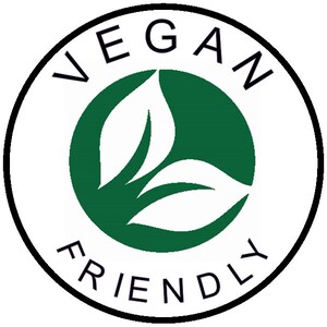 May include: A white circle with a black border and the text "VEGAN FRIENDLY" around the edge. Inside the circle is a green circle with three white leaves.