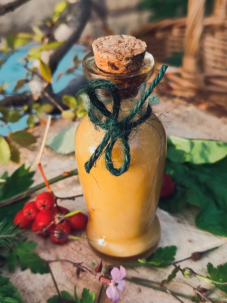 May include: A small glass bottle with a cork stopper and a green ribbon tied around the neck. The bottle is filled with a light yellow liquid. The bottle is sitting on a wooden surface with green leaves and red berries.