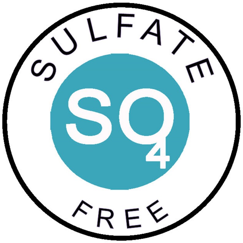 May include: A white circle with a black border and the text "SULFATE FREE" around the edge. Inside the circle is a teal blue circle with the text "SO4" in white.
