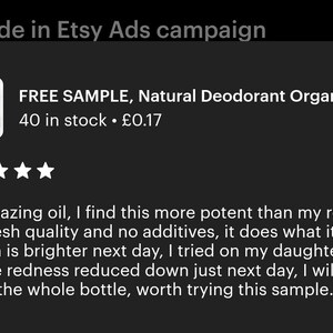 May include: A five-star review for a natural deodorant sample. The review states that the product is truly amazing and more potent than rosehip oil. The reviewer also mentions that the product is fresh, additive-free, and effective in reducing redness. The image includes a photo of the product, which is a small glass bottle with a dropper.