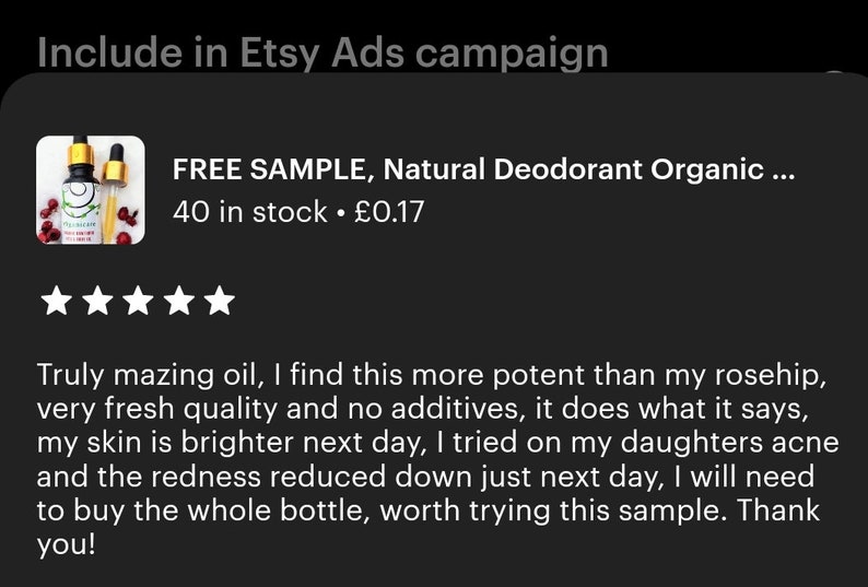 May include: A five-star review for a natural deodorant sample. The review states that the product is truly amazing and more potent than rosehip oil. The reviewer also mentions that the product is fresh, additive-free, and effective in reducing redness. The image includes a photo of the product, which is a small glass bottle with a dropper.