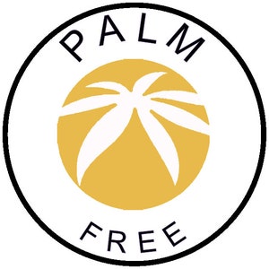 May include: A white circle with a black outline and the words "PALM FREE" in black text. Inside the circle is a yellow circle with a white palm tree silhouette.