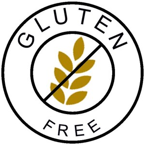 May include: A white circle with a black border and the words "Gluten Free" in black text. A black line crosses out a gold wheat stalk graphic in the center.