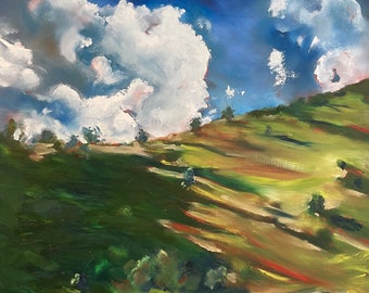 May include: A painting of a green grassy hillside with a blue sky and white clouds. The hillside is covered in green grass and has a few trees. The sky is a bright blue with white clouds.