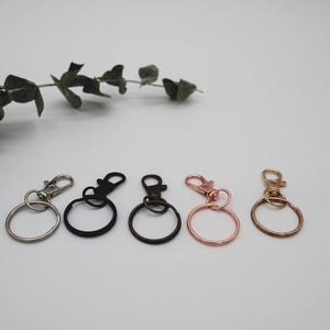 Puede incluir: Cinco llaveros con diferentes acabados met&aacute;licos de colores. Los llaveros tienen un cierre giratorio y un anillo redondo. Los colores son plateado, negro, bronce, oro rosa y oro.