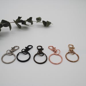 Puede incluir: Cinco llaveros con anillos y cierres de metal de diferentes colores. Los llaveros son plateados, negros, bronce, oro rosa y dorados.