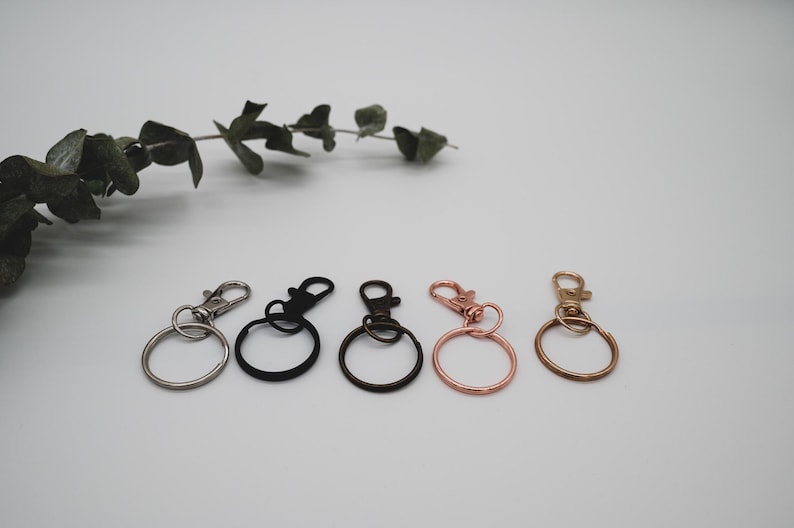 Puede incluir: Cinco llaveros con anillos y cierres de metal de diferentes colores. Los llaveros son plateados, negros, bronce, oro rosa y dorados.