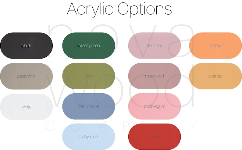 Puede incluir: Una tabla de colores de pintura acr&iacute;lica, que incluye negro, verde bosque, rosa ceniza, papaya, cachemira, oliva, palo de rosa, sorbete, blanco, azul franc&eacute;s, chicle, azul beb&eacute; y cereza.