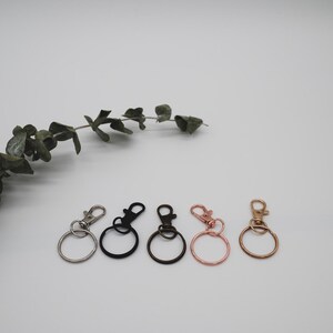 Puede incluir: Cinco llaveros con anillos met&aacute;licos de diferentes colores y clips giratorios. Los llaveros est&aacute;n dispuestos en una fila sobre una superficie blanca.