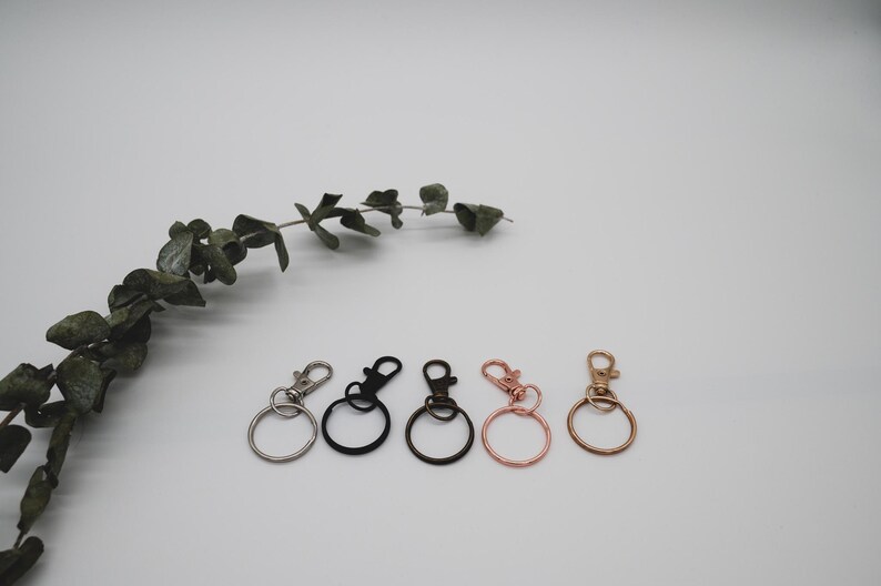 Puede incluir: Cinco llaveros con anillos met&aacute;licos de diferentes colores y clips giratorios. Los llaveros est&aacute;n dispuestos en una fila sobre una superficie blanca.