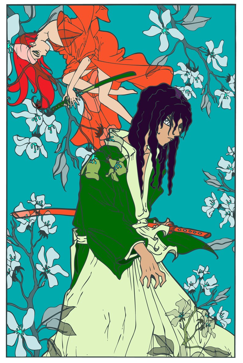 Puede incluir: Un kimono verde y blanco con una espada roja, usado por una persona con cabello largo y oscuro. La persona est&aacute; de pie frente a un fondo azul con flores blancas.