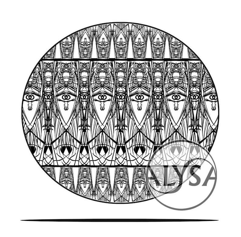 Puede incluir: Dise&ntilde;o circular en blanco y negro con patrones repetidos de ojos y formas geom&eacute;tricas. El dise&ntilde;o est&aacute; enmarcado por un c&iacute;rculo y la palabra "ALysa" est&aacute; escrita en un c&iacute;rculo en la esquina inferior derecha.