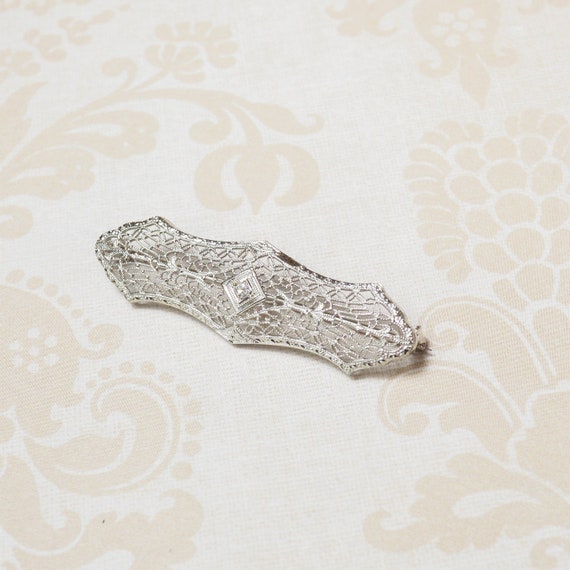 10k Diamond Filigree Vintage Bar Pin Brooch Estate - image 1